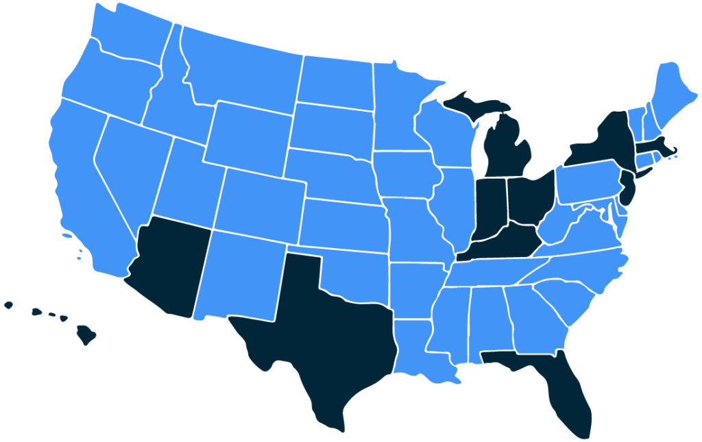 A map displaying shaded states where we currently give. Shaded states include Arizona, Florida, Hawaii, Indiana, Kentucky, Massachusetts, Michigan, New Jersey, New York, Ohio, and Texas.